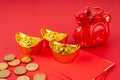 Year of the Dragon with red envelope and gold ingot and coins