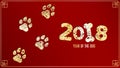 The year 2018 is a earth dog. Golden traces in grunge style on a red background with a pattern. Chinese New Year. Vector illustrat Royalty Free Stock Photo