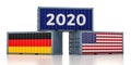 Year 2020 - Freight container with USA and German flag. Royalty Free Stock Photo