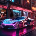 a year 4000 futuristic car in a peaceful city with rgb and leds on the building Royalty Free Stock Photo