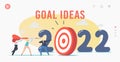 2022 Year Goal Ideas Landing Page Template. Tiny Business Characters Throw Huge Darts into Target, Workers Opportunity