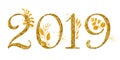 Year 2019 golden number design with gold floral decor watercolor new year sign