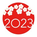 The Year 2023 Greeting Symbol With The Red Sun And White Cherry Blossom Isolated On A White Background. Royalty Free Stock Photo
