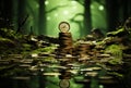 The 20 year growth strategy. A stack of coins with a clock on top of it Royalty Free Stock Photo