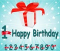 1 year Happy Birthday Card with gift and colorful background in vector EPS10 Royalty Free Stock Photo