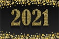 2021 year. Happy holiday symbol. Black background with gold numbers. Vector illustration Royalty Free Stock Photo