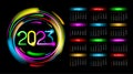 2023 year horizontal calendar with neon circle frame with golden glow on black background.