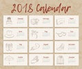 2018 year is a horizontal vintage calendar. Art line fashion clothing and accessories. Brown sepia colors. Vector sketch illustrat