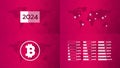 2024 year infographics, 5 to 100 percentage, Bitcoin icon, map pointers. Triangle background for landing page, web, template, Royalty Free Stock Photo