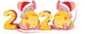 2020 year of mouse calendar. Two twin mice are holding cheese. Rat in red santa christmas hat Royalty Free Stock Photo