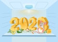 2020 year of mouse. Cute cartoon rat holds cheese in the fridge background Royalty Free Stock Photo