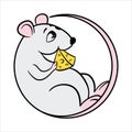 2020 year of mouse. Cute cartoon rat holds cheese. symbol of the year, mouse Christmas toy in the shape of a circle. Isolated on Royalty Free Stock Photo