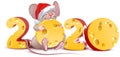 2020 year of mouse to Chinese calendar. Santa mouse holding swiss cheese Royalty Free Stock Photo