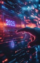 2025 Year Number on Virtual Screen, Hand Pressing Button, Futuristic Business and Technology Interface Royalty Free Stock Photo