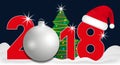 2018 year numbers with Christmas Tree and silver ball and Santa hat on a dark blue background. New year and Christmas elements for Royalty Free Stock Photo