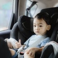 1 Year Old Adorable Asian Boy Alone Looking Around From Car Seat in the Car Royalty Free Stock Photo