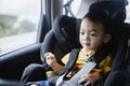 1 Year Old Adorable Asian Boy Alone Looking Around From Car Seat in the Car