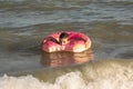 5 year old boy bathes in the sea in a life ring on a sunny day