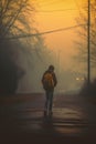 12 year old boy walking his way back from school alone. sun setting foggy afternoon.