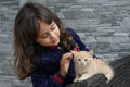 A 5 year old girl caresses a brown kitten