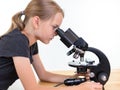 A 9 year old girl looks into an eyepiece of a microscope. Isolated against white background