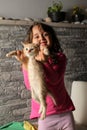 A 5 year old girl plays with brown kitten