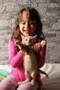 A 5 year old girl plays with a brown kitten