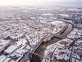 Aerial view of snowy historic English town, Shrewsbury.