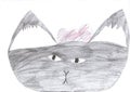 Kid drawing of a cute cat grey pencil drawing isolated on white