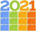 Year 2021 one page month grid calendar, multi colored on white background. Vector template. Annual agenda table. All