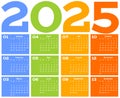 Year 2025 one page month grid calendar, multi colored on white background. Vector template. Annual agenda table. All