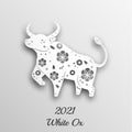 2021 year of Ox. Chinese new year banner in paper cut style. Bull in oriental design for traditional lunar celebration