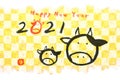 Year of the ox, hand paint black ink stroke on gold check paper background, New Year 2021, Japanese word of this image is