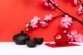 Year of Ox Piggy Bank, Sakura Cherry Blossom, Black Chinese Teapot and Red Envelope Angpow