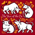 The year of the Ox. Set of Chinese New Year zodiac characters in different poses. Hand drawn vector sketch illustration