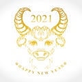 Year of the Ox 2021. Sketch illustration of a golden calf.
