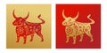 The year of the ox. Vector bull character of the Eastern calendar. Oriental concept of Chinese happy new year 2021. Red and gold