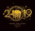 Pig 2019 in the Chinese calendar. Golden symbol on black. Royalty Free Stock Photo