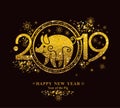 Pig 2019 in the Chinese calendar. Golden symbol on black. Royalty Free Stock Photo