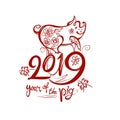 Year of the Pig on the Chinese Calendar. 2019. Red pattern with pig and calligraphy inscriptions and floral decor.