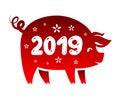 The year of the Pig - 2019 Chinese New Year. Vector illustration of zodiac sign Pig in red on white background Royalty Free Stock Photo