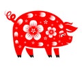 The year of the Pig - 2019 Chinese New Year. Vector illustration of decorative ornamented zodiac sign Pig in red with flowers on Royalty Free Stock Photo