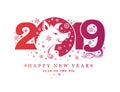 Year of the Pig. 2019. Flat pattern 2019 and smiling boar head and snowflakes. Royalty Free Stock Photo