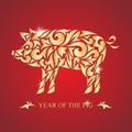 The year of the pig. Happy new year. Vector illustration. Image of a golden pig on a red background.