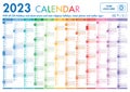 Year planner, 2023 calendar with monthly vertical grid in rainbow colors. Template planner for schedule, events and holidays.