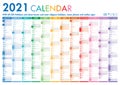 2021 year planner calendar. Vector. Wall calender template.