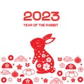 2023 year of rabbit. Chinese new year design in minimal style. Decorated rabbit lunar zodiac and traditional asian symbols border