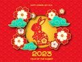 2023 year of rabbit. Colorful Chinese new year banner with decorated rabbit hare animal lunar symbol. Translation mean Happy New