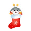 Year of rabbit. Cute bunny in christmas sock with candies. Chinese New year 2023 symbol. Vector illustration in cartoon Royalty Free Stock Photo