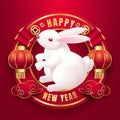 The year of the Rabbit. Greeting card template 2023 with white rabbit chinese lantern and cloud. Vector illustrations wild animal